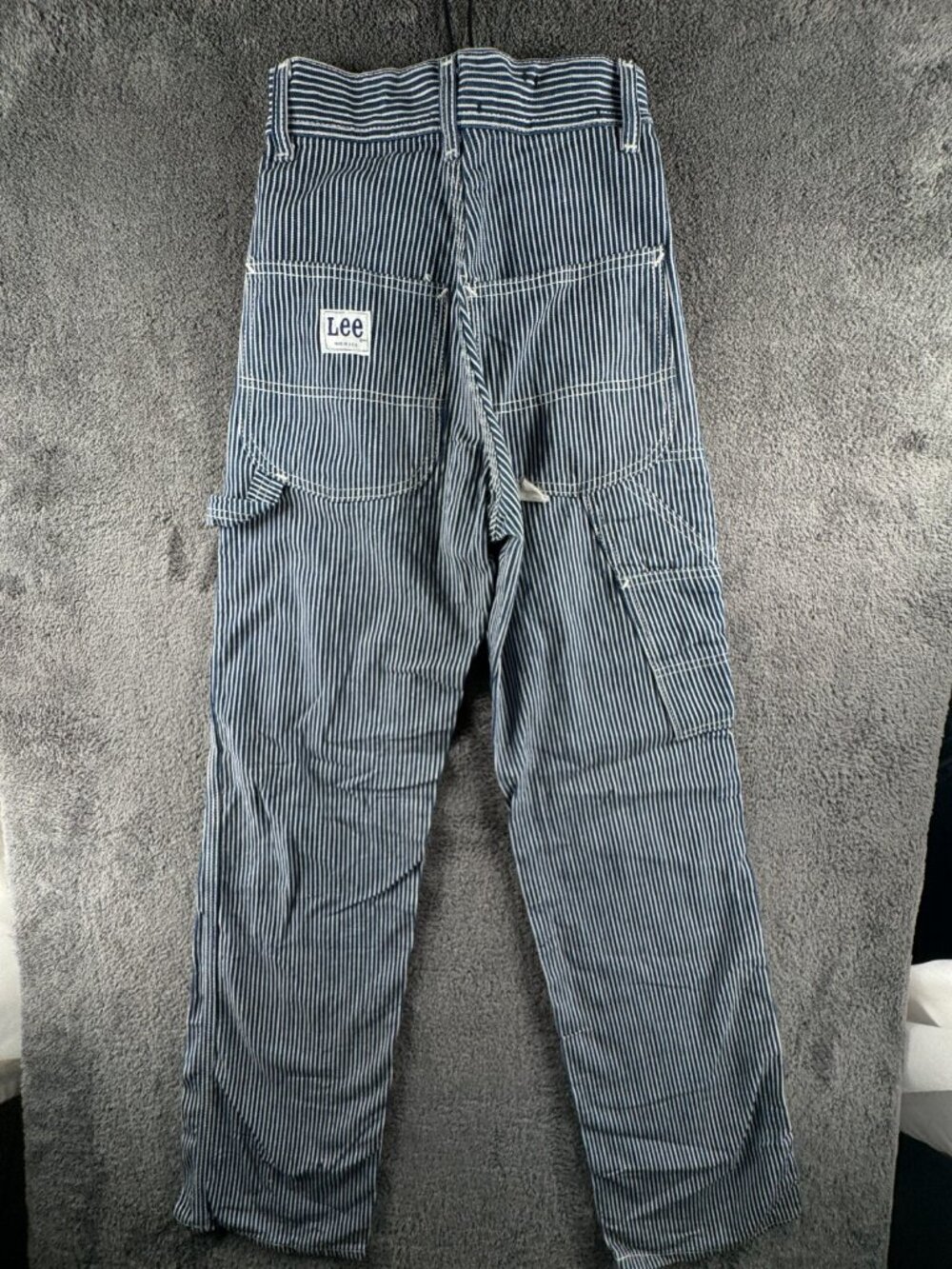 VTG Lee USA Made Blue White Striped Denim Carpenter Pants Union UGWA Size 22x32